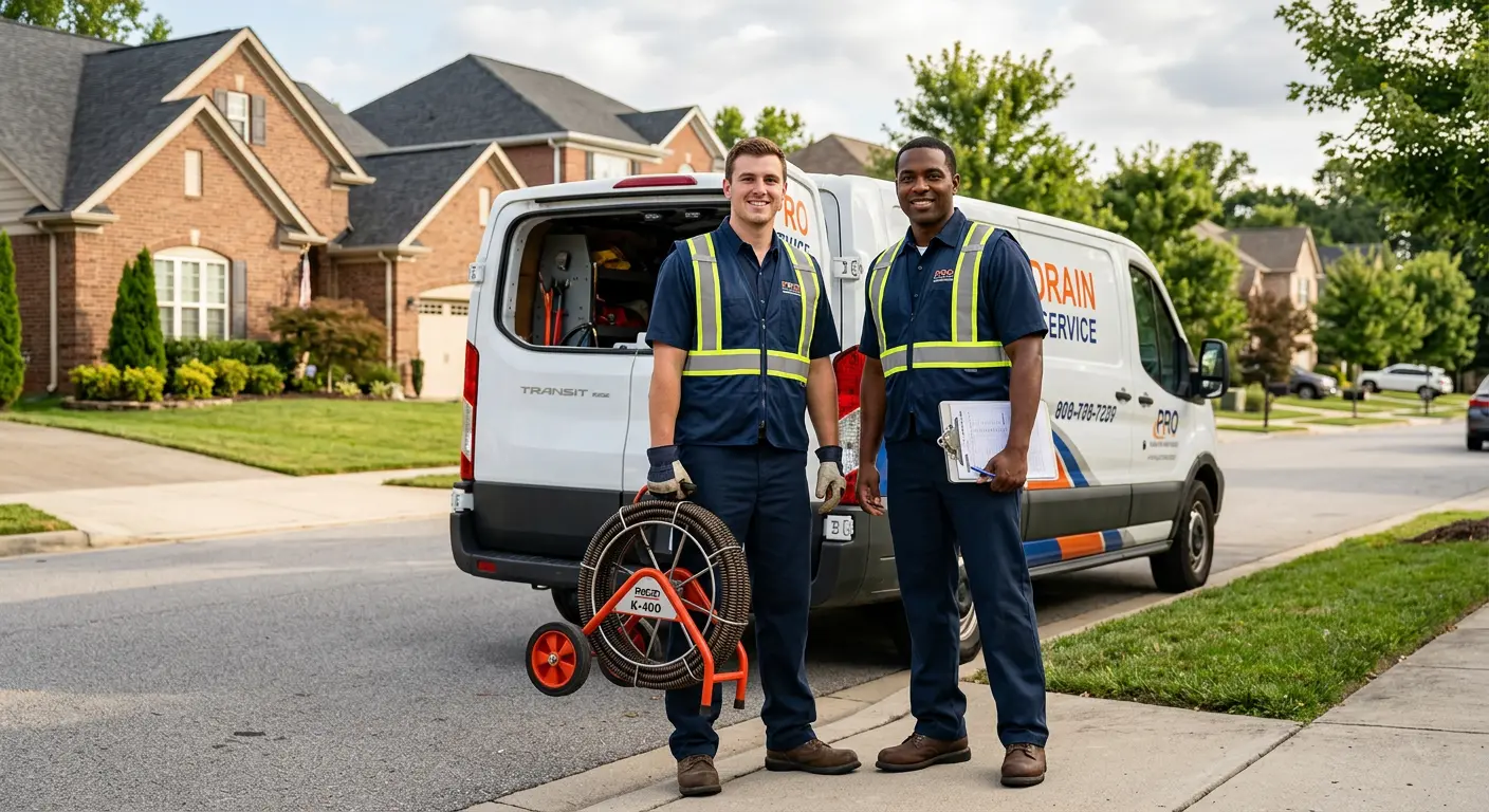 Sewer and drain service team with equipment ready for work in Brenham
