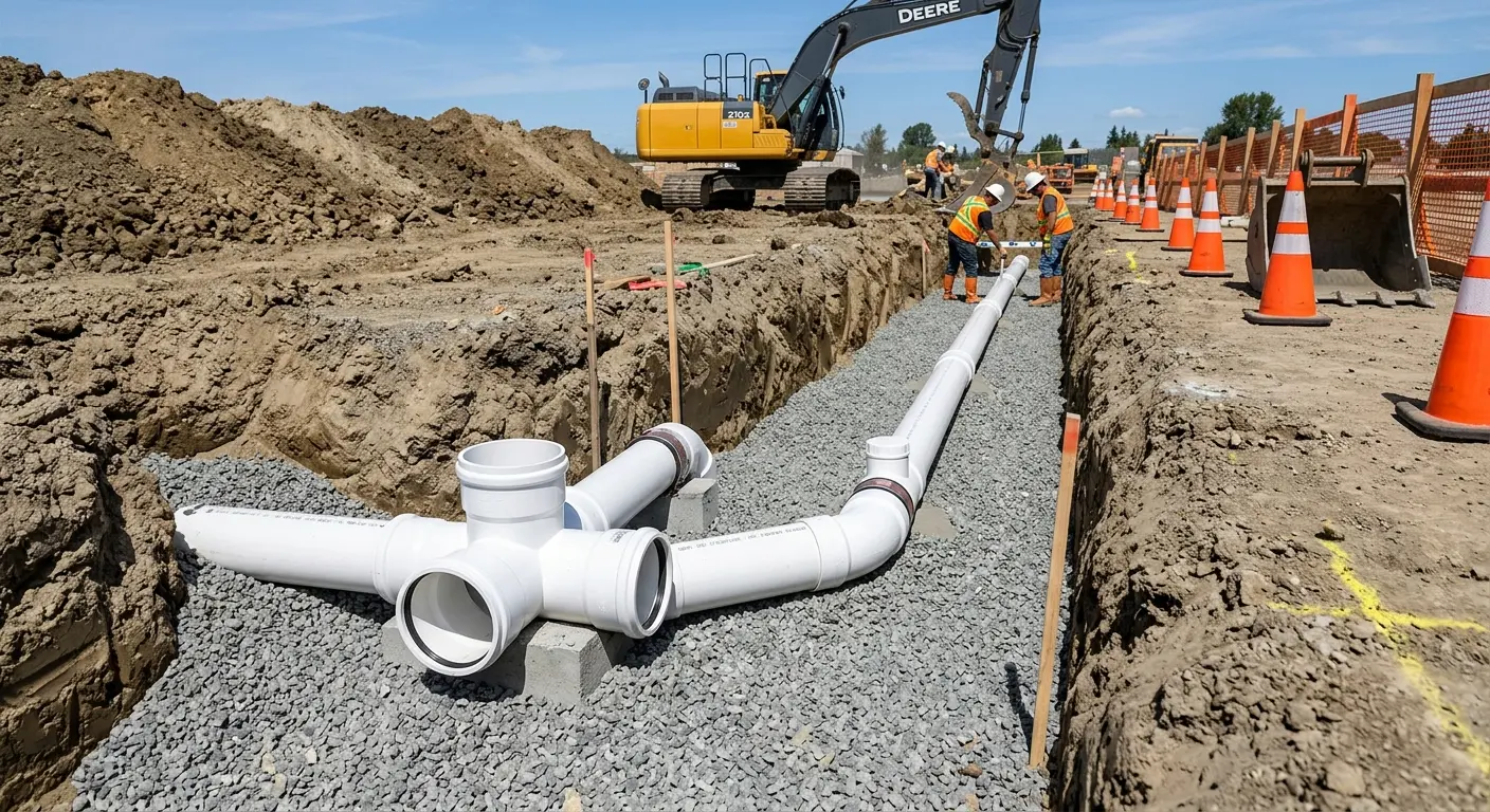 New PVC sewer pipe installation in open trench for Sewer Backup in Brenham