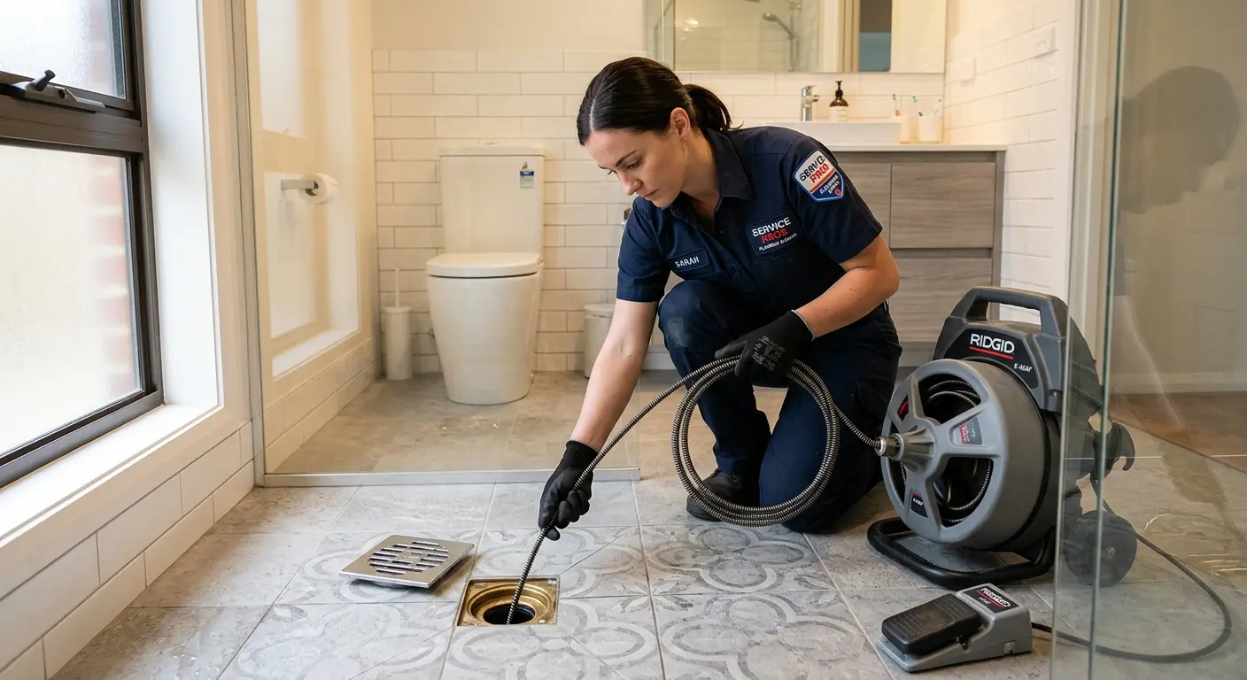 Technician clearing a bathroom floor drain for Clogged Drain Repair in Brenham